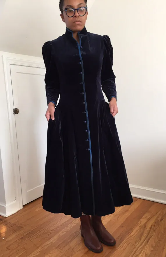 vintage 80s Laura Ashley velvet w/ taffeta midnight blue Victorian riding coat dress 1980s Edwardian equestrian full length duster button up by RecapVintageStudio steampunk buy now online