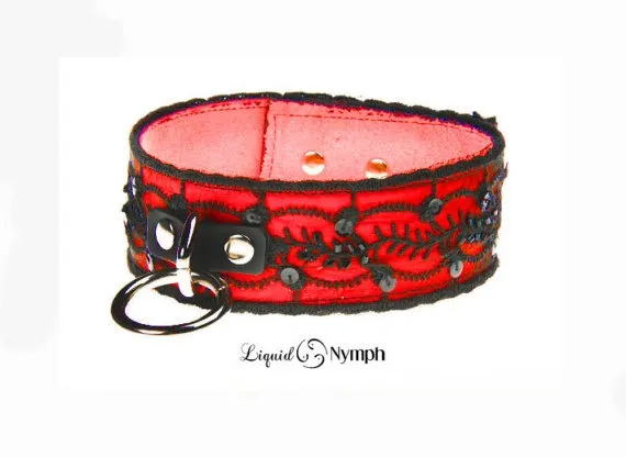 Victoria Red Leather Jet Beaded Embroidered Bondage Choker - Fetish Slave Collar - Submissive Choker ,Kitten Pet Play Collar Valentine Gift by LiquidNymph steampunk buy now online