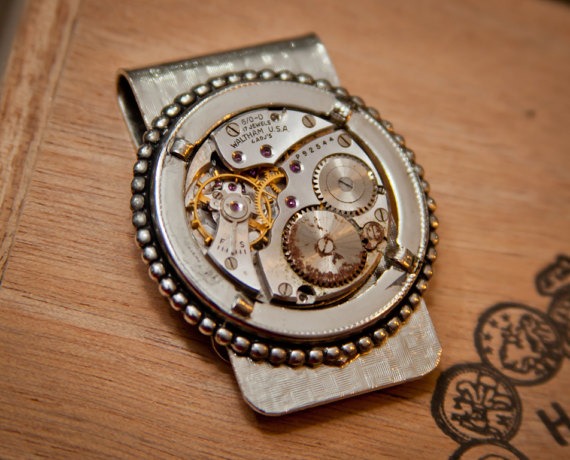 Men's Steampunk Money Clip, watch movement,Metal, Waltham, 17 Jewel, by SheriffofSteampunk steampunk buy now online