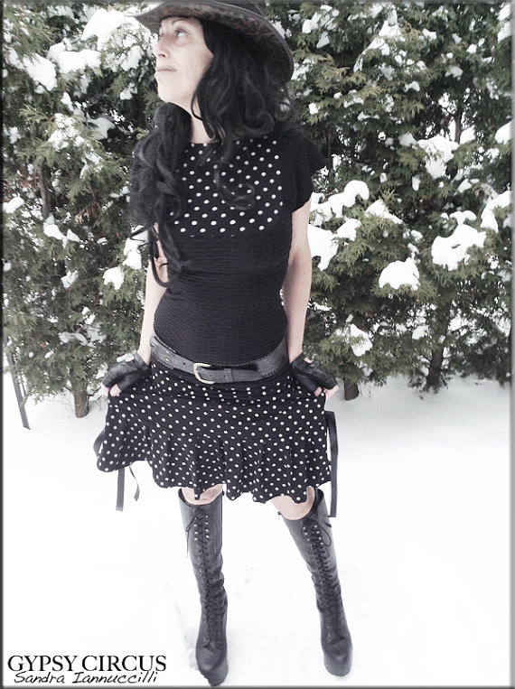 Top - Steampunk - Burning Man - Tunic - Playa Wear - Black and Polka Dots - Shirt - Bohemian Gypsy - Sexy - Victorian Style - Size Small by GypsyCircus steampunk buy now online