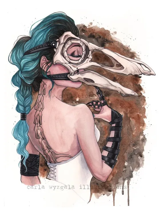 Gallimimus Dinosaur Steampunk skull mask watercolor art print Carla Wyzgala carlations by carlationsart steampunk buy now online