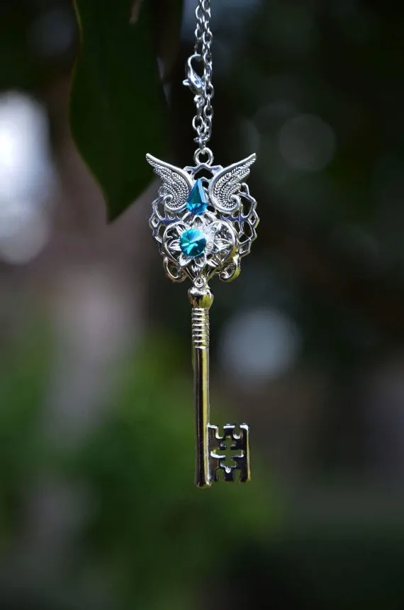 Teal Swarovski Silver winged Key Necklace - Customizable Necklace - birthday present - ready to Ship - Cosplay Pendant by PrincessSongbirds steampunk buy now online