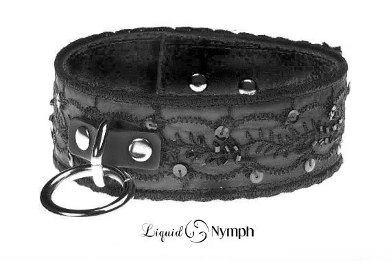 Victoria Black Leather Jet Beaded Embroidered Bondage Choker - Fetish Slave Collar - Submissive Choker - Kitten Pet Play Collar Mature Gift by LiquidNymph steampunk buy now online