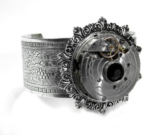 Steampunk Cuff Steampunk Jewelry Bracelet Cuff Silver Vintage Pocket Watch Black Crystal Holiday Gift Her, Mens Cuff - Jewelry by edmdesigns by edmdesigns steampunk buy now online