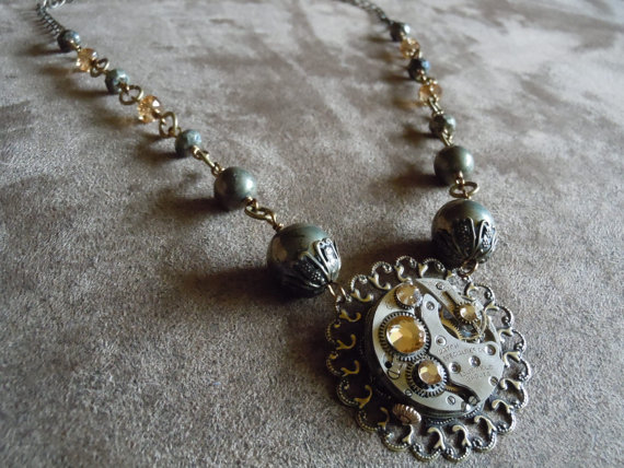 Victorian Sophisticated Steampunk Sparkling Champagne Filigree Pyrite Swarovski Brass Antique Watch Part Necklace -Free Shipping- by SharperSpectrumArt steampunk buy now online