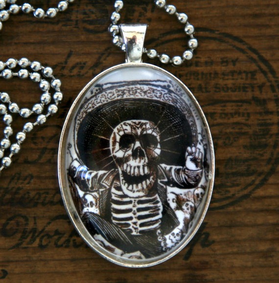 Calavera day of the dead necklace skull skeleton LARGE 40X30mm glass domed pendant by che655 steampunk buy now online