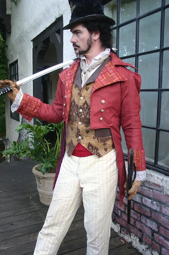 Coral Red Silk Hemp French Steampunk Wedding Frock Cutaway Coat by dashandbag steampunk buy now online