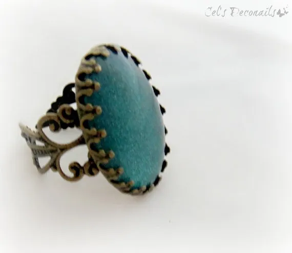 Teal holographic ring, vintage style jewelry, antique gold adjustable ring by celdeconail steampunk buy now online