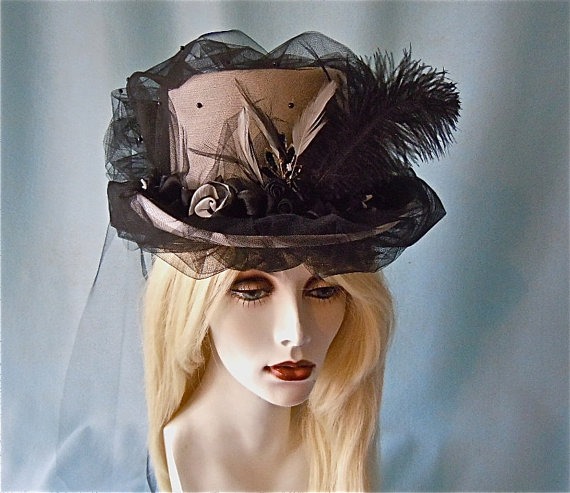 White Top Hat with Black Tulle Overlay, Embellished with Feathers ...