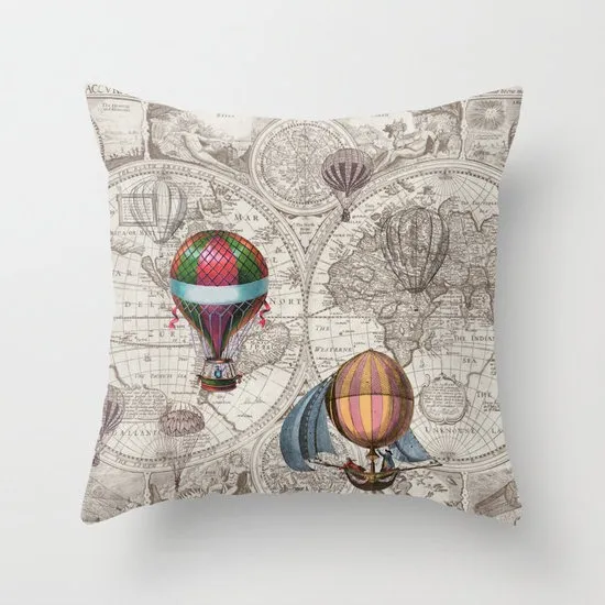 Hot Air Balloon Pillow - Throw Pillow maps , steampunk decor, Vintage Maps, unique, brown by Mapology steampunk buy now online