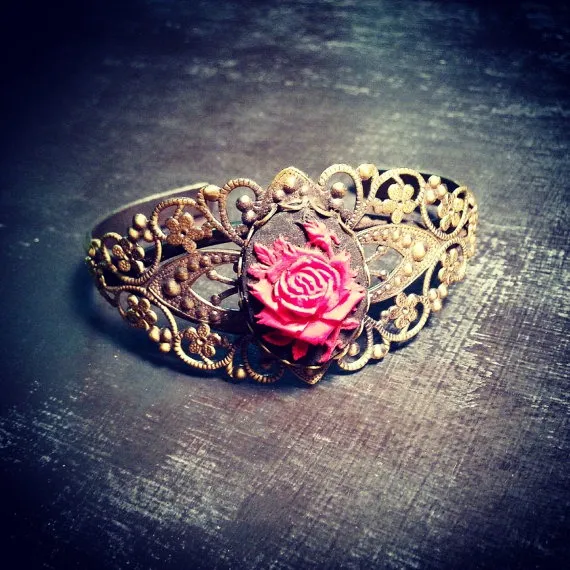 Valentines Rose Cameo Filigree Cuff Bracelet - Ornate and Unique Vintage Inspired Bracelet - Fully Adjustable by jennascifres steampunk buy now online