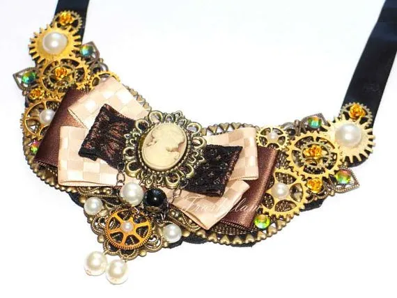 Steampunk neo Victorian cameo pearls and filigree mechanical cogs gold copper and silver Statement bib necklace Unique wearable art by HausofTrashglam steampunk buy now online