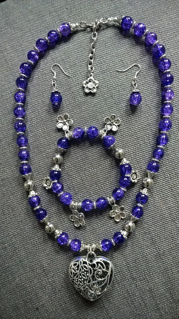 Purple and Silver Heart Pendant and Flower Necklace, Earrings and Bracelet Set. Chunky Jewellery, Steam Punk, Silver Jewellery, Purple Beads by Chalkhilljewellery steampunk buy now online