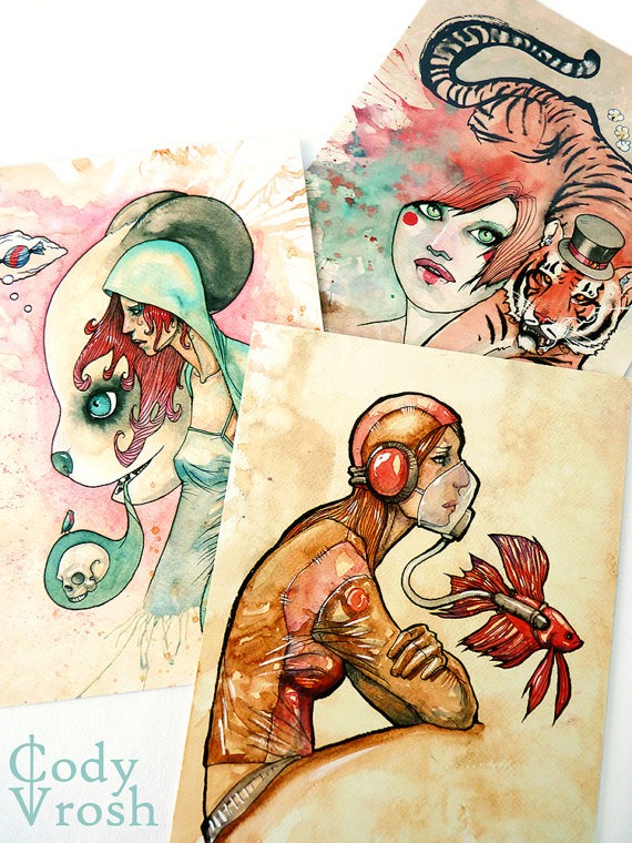 Coffee Creatures Small Art Prints - Panda Bear - Betta Fish - Circus Tiger - Coffee Art Gift - Choose 1 5x7" Art Print by CodyVrosh steampunk buy now online
