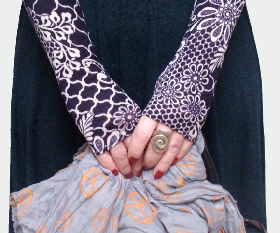 Victorian Purple and White damask fingerless gloves - Warm Winter Arm Warmers Gothic Dark steampunk flower floral paisley mandala gift wool by WearMeUp steampunk buy now online