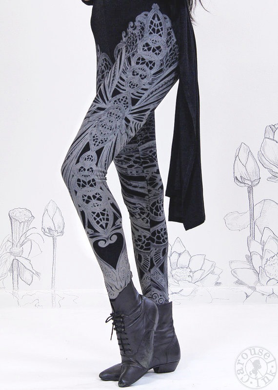 Printed Black Yoga Leggings by Carouselink steampunk buy now online