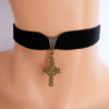 black velvet choker, celtic cross choker, cross necklace, stretch ribbon, antique bronze by VelvetHeartshop steampunk buy now online