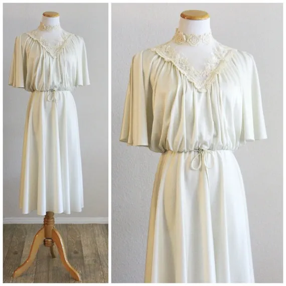 Vintage 70's Cream Victorian Lace High Collar Split Butterfly Sleeve Belted Swing Skirt Boho Dress FREE SHIP by ZodiacVintageCo steampunk buy now online