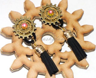 Gold Mirrored Steampunk gears suede tassel fringe swarovski crystal dangle earrings by HausofTrashglam steampunk buy now online