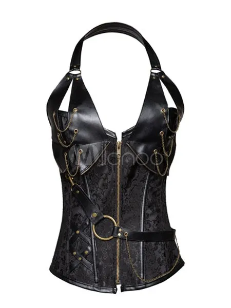 Black Steel Boned Steampunk Halterneck Corset With PU Trim and Chains steampunk buy now online