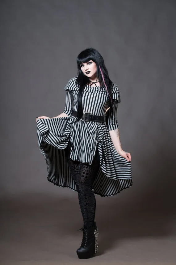 Goth Doll Striped Dress - Cowl Hooded Hi-Low Gothic Alternative Clothing - Petite to Plus size - Custom to Order - XXS-5XL by KMKDesignsllc steampunk buy now online
