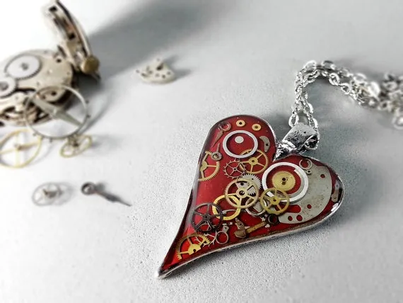 Deep red steampunk heart pendant, gears and cogs necklace, romantic steampunk jewelry, red heart necklace, gift for girlfriend by ByEmilyRay steampunk buy now online