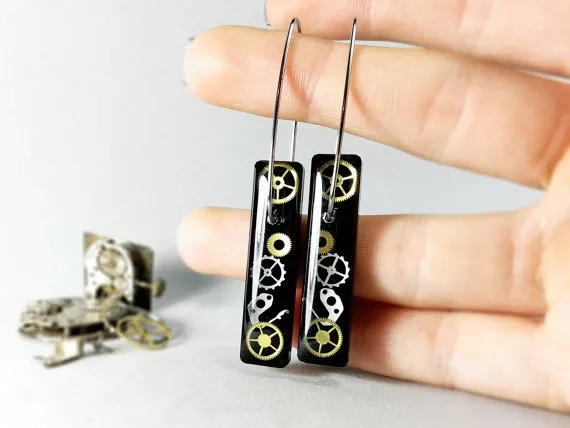 Stunning black sterling silver resin steampunk earrings, gears and cogs amazing clockwork jewelry, steam punk jewelry by ByEmilyRay steampunk buy now online