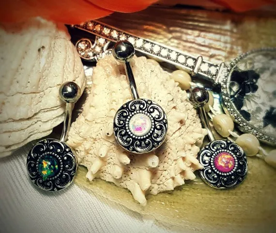 Glitter Acrylic Opal Pink White Black Silver Celtic Frame 14g Belly Button Naval Ring Curved Jewelry Piercing 10mm 316L Surgical Steel by ABodyJewelry steampunk buy now online