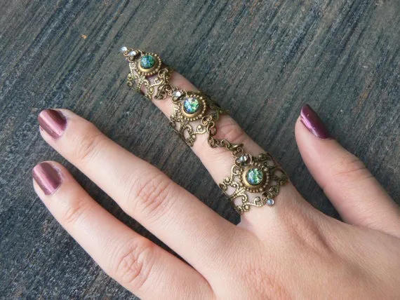 armor ring claw ring Emerald Fire Opal statement ring triple ring knuckle ring steampunk goth victorian moon goddess full finger boho gypsy by gildedingypsy steampunk buy now online