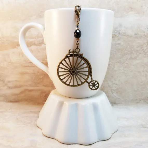 Penny Farthing Tea Infuser Charm-Bronze Antique Finish-Black Czech Bead-Rose Gold Beads-Steampunk-Victorian Adventure Collection by CamilleLaLune steampunk buy now online
