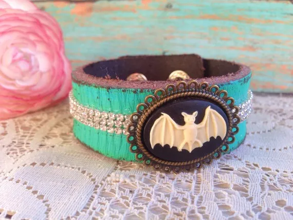 Rustic Bat Cameo Leather Cuff Bracelet,Vintage Inspired, Patina, Gypsy, Gothic, Victorian, Steampunk, Distressed Leather, Bat Jewelry by AbbiesAnchor steampunk buy now online