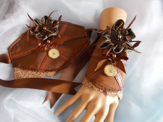 Cuff Bracelets, Fabric Cuffs, Pair, Steampunk Bracelets, Flowers, Lacy, Beaded, Brown by ElegantDarkness steampunk buy now online