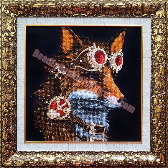Steampunk Fox bead embroidery craft set beaded painting DIY needlepoint beading kit by BeadEmbroideryKits steampunk buy now online