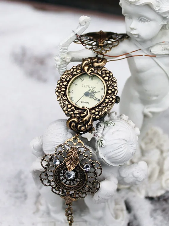 Vintage oxidized brass swarovski white watch by DreamCloudJewelry steampunk buy now online
