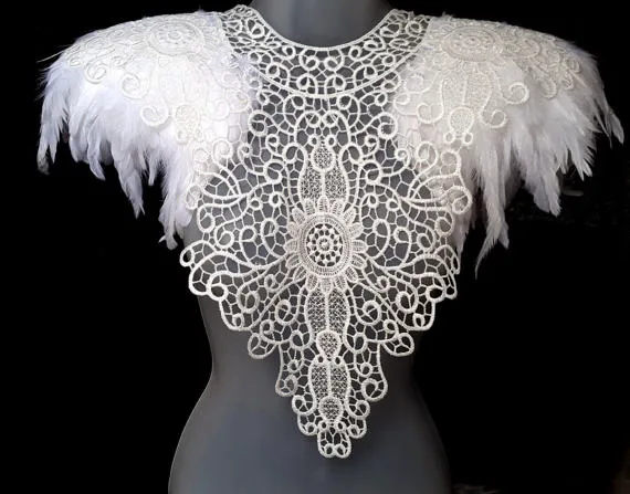 White feather epaulettes. Steampunk feather and lace collar. Bridal feather and lace collar. Feather cape alternative. 'Flora' Also in Black by BurningPlaya steampunk buy now online