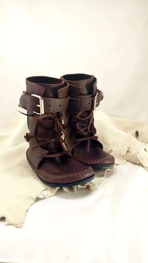 Chocolate Brown Shin High Indie Moccasin With Buckles Hand Stitched Soft Bullhide Leather Upper With A Durable VIBRAM Sole / Renaissance by TreadLightGear steampunk buy now online
