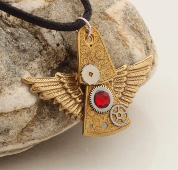 Steampunk angel pendant- vintage watch parts pendant with Swarovski crystals and wing charms- Steampunk jewelry by XercesArt steampunk buy now online