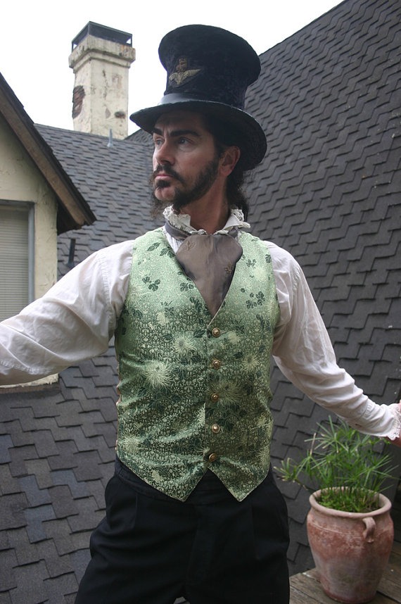 Green Chrysanthum Silk Brocade Gentlemen's Victorian Steampunk Vest by dashandbag steampunk buy now online