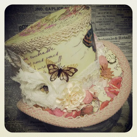 Delicate Vintage - decoupage mini top hat made with vintage trimmings by Discombobulous steampunk buy now online