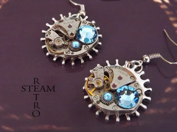 10% off sale17 Steampunk Blue Ice Earrings - Steampunk Jewelry by Steamretro - Steampunk earrings - Christmas gift by SteamRetro steampunk buy now online