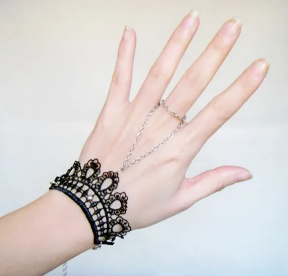 black lace bracelet - gothic slave bracelet - goth silver chain ring bracelet // jewelry gift by LaceFancy steampunk buy now online