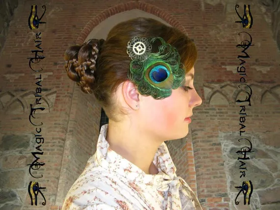 STEAMPUNK PEACOCK Feather FASCINATOR Vintage Gears hair barrette Tribal Fusion Belly Dance hair jewelry Neo Victorian Larp costume accessory by MagicTribalHair steampunk buy now online