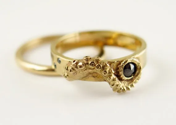 Wedding Set, Stacking Rings, 14K Gold Tentacle Jewelry, Diamond, Black Diamond ring, Wedding Band, Engagement Set, Octopus Jewellery by OctopusMe steampunk buy now online