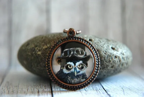 1" Round Glass Pendant Necklace or Key Chain - Steampunk Owl by AuntieShrews steampunk buy now online
