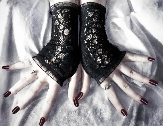 Ode to Revenge Lace Fingerless Gloves - Black w/ Fishnet - Gothic Vampire Dark Tribal Bellydance Evening Victorian Ruffle Wedding Goth Cyber by ZenAndCoffee steampunk buy now online