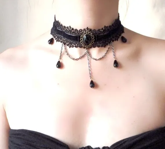 SALE black lace velvet choker necklace - gothic chain choker - victorian beaded choker // women jewelry gift by LaceFancy steampunk buy now online