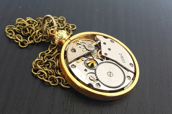 Vintage Watch Steampunk Inspired Pendant - Brass Coin Keeper #2 - Steampunk Inspired Timeless Relic by FunkyGlam steampunk buy now online