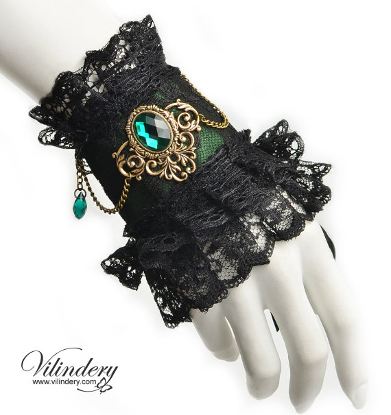 Little green Victorian cuff - Fantasy cuff with a beautiful cameo frame and green glass crystals, Nature inspired fashion, Spring cosplay by Vilindery steampunk buy now online