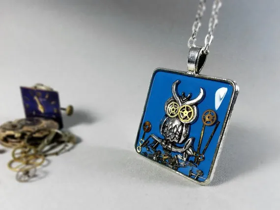 Deep Blue Steampunk Owl Necklace, Steampunk Necklace, Steampunk Jewelry, Vintage Watch Gears, Clockwork Owl, resin jewelry by ByEmilyRay steampunk buy now online