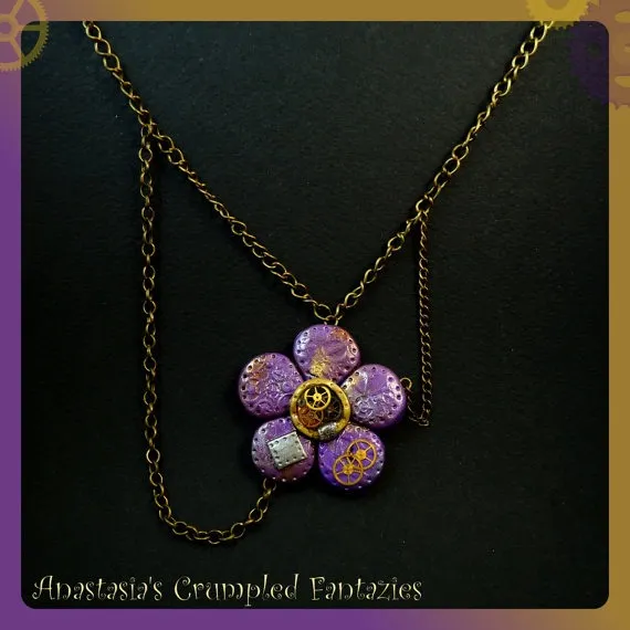 Purple steampunk flower statement necklace, Polymer clay pendant, Watch clock parts gears contraption jewelry, Whimsical fantasy scifi fan by CrumpledFantazies steampunk buy now online